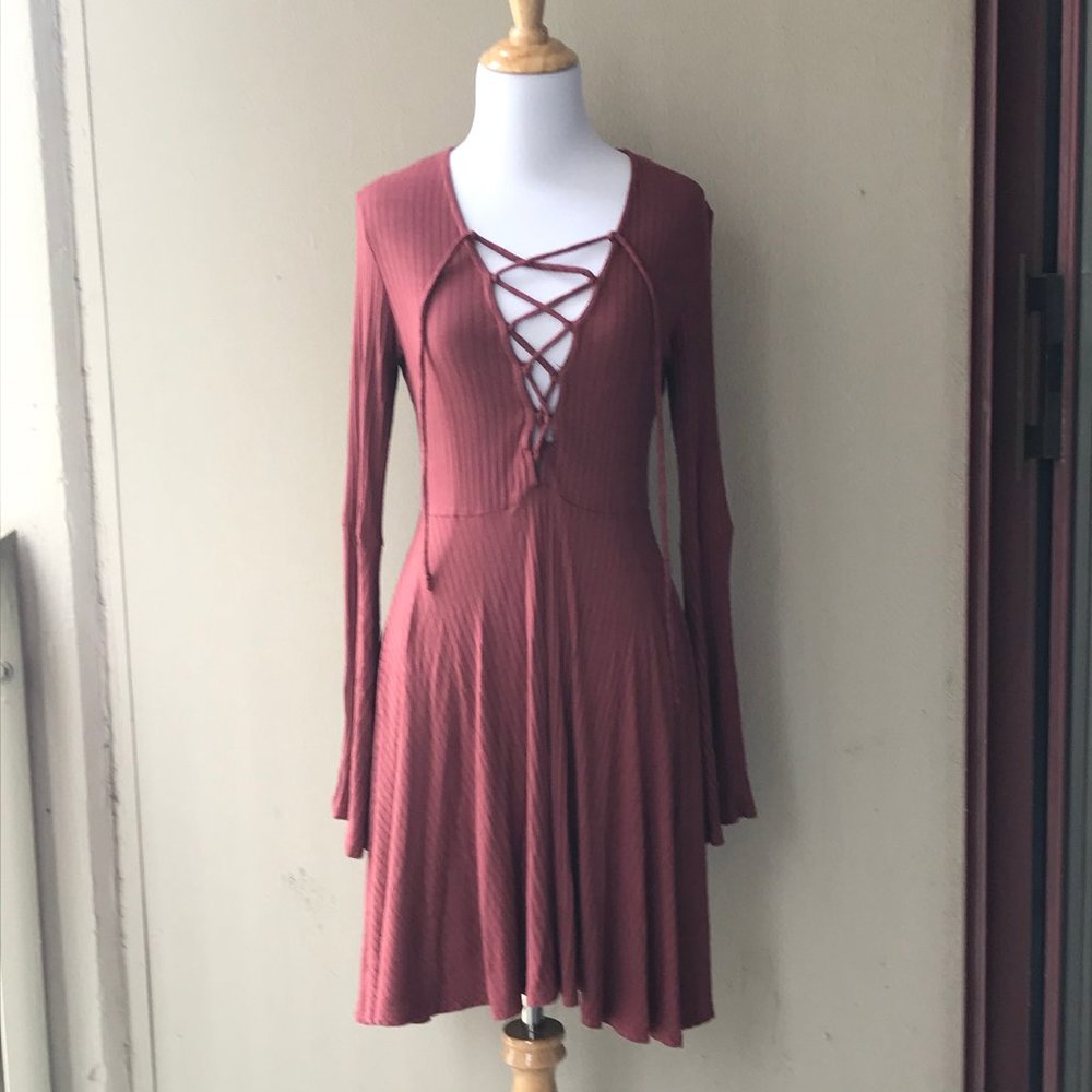 Francesca's Maitai Bell Sleeve Lace Up Dress